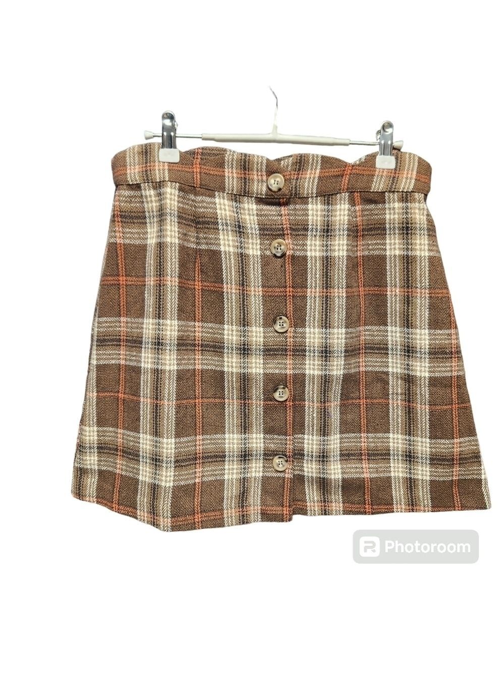 DAY TO DAY BLU PEPPER Brown and Orange Plaid Button Down Mini Skirt Sz. L